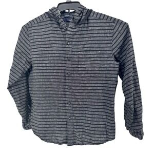 Bruno Hooded Linen Shirt Mens Small Grey Black Striped Roll Tab Long Sleeve